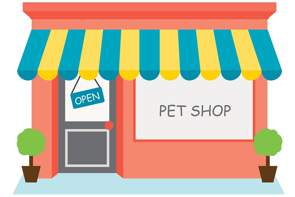 Illustration of a pet shop that says open.