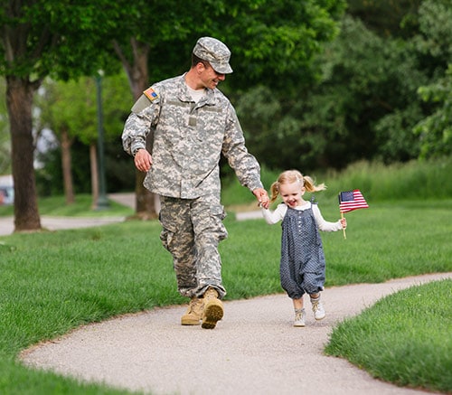 Military father holding his daughter's hand on  walk.