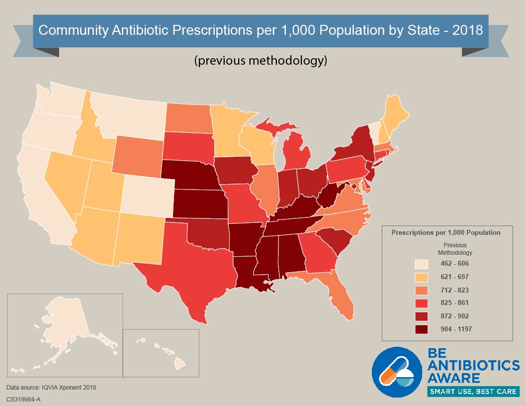 In 2018, using the previous methodology, there were a total of 258.9 million outpatient oral antibiotic prescriptions in the U.S., equivalent to 791 prescriptions per 1000 persons.