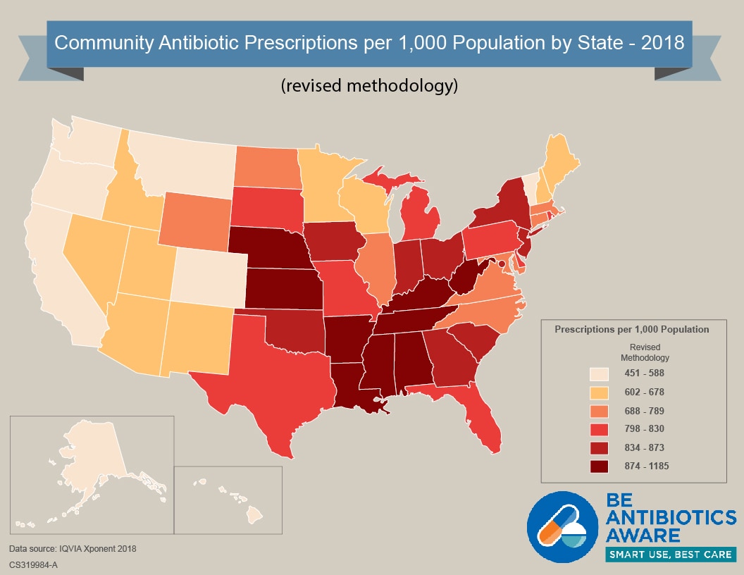 In 2018, using the revised methodology, there were a total of 249.8 million outpatient oral antibiotic prescriptions in the U.S., equivalent to 763 prescriptions per 1000 persons.