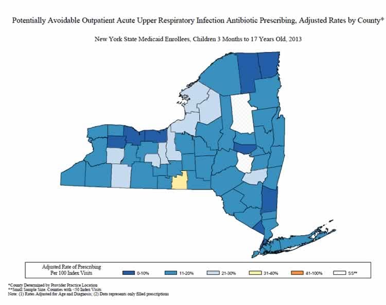 state of New York map:  Adult Acute URI Antibiotic Prescribing Maps – 2013