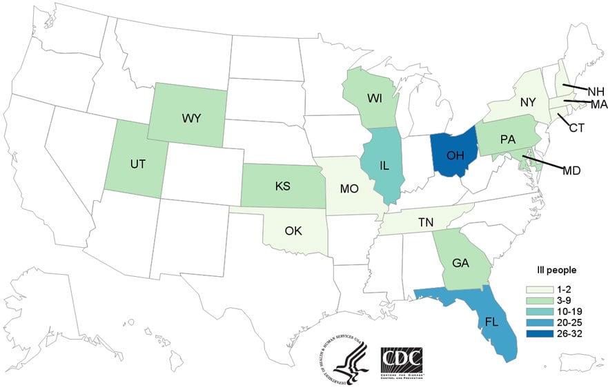 People Campylobacter infection linked to pet store puppies, by state of residence, as of January 18, 2018