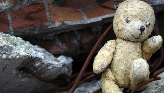 Teddy bear outside after disaster