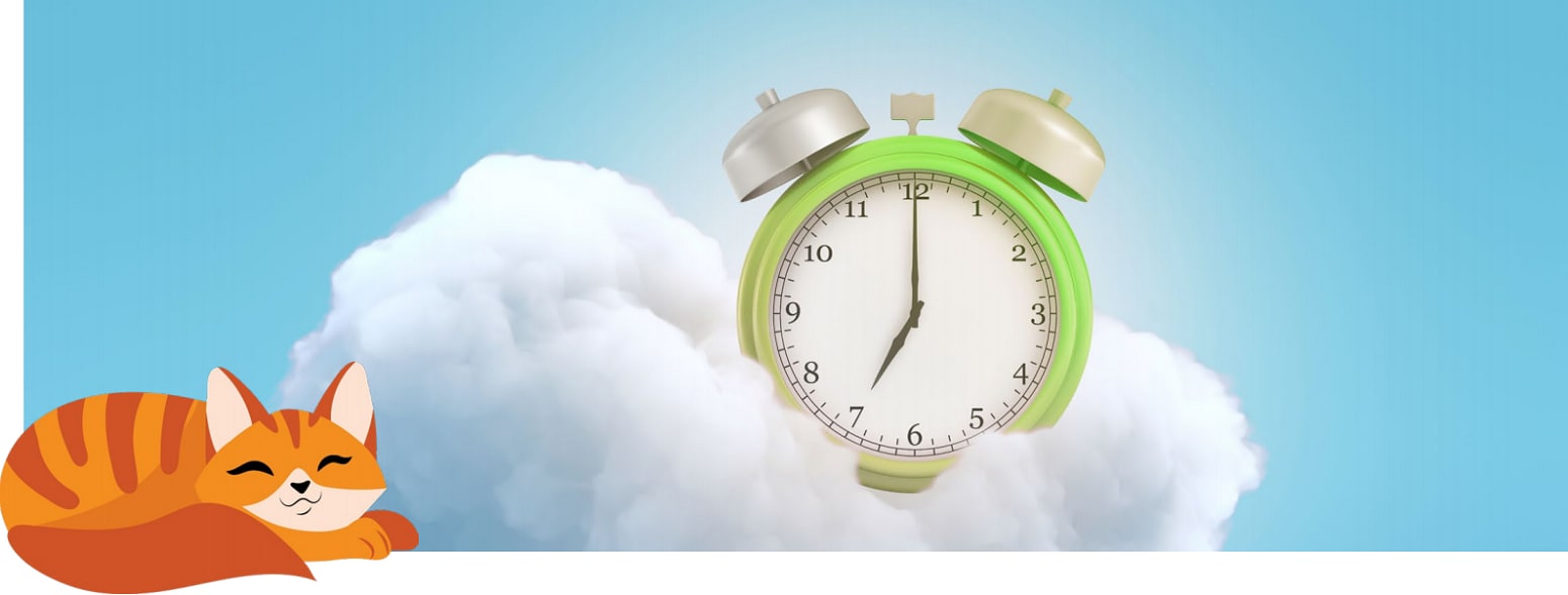 alarm clock in clouds with illustration of sleeping cat