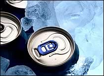 Photo of cold beverage cans in ice.