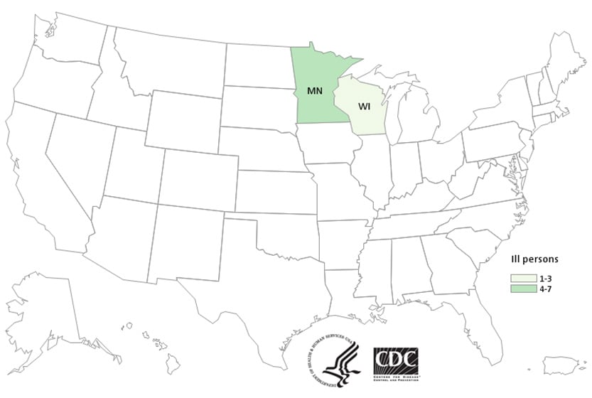 People infected with the outbreak strain of E. coli O157, by state of residence, as of February 24, 2016 (n=9)
