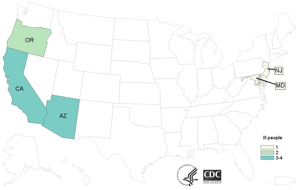 Case Count Map: People infected with the outbreak strain of E. coli O157:H7, by state of residence, as of March 2, 2017