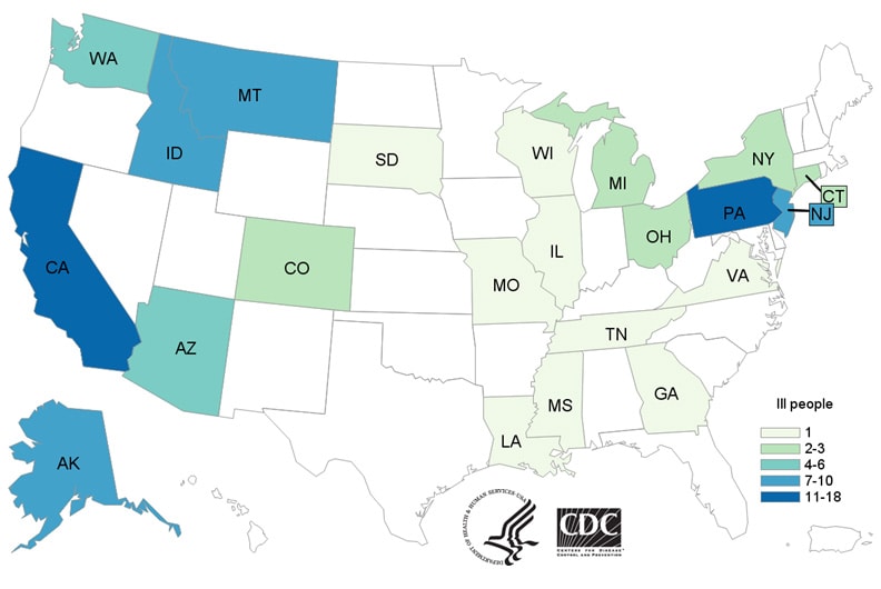 Map of United States - People infected with the outbreak strain of E. coli, by state of residence, as of April 26, 2018