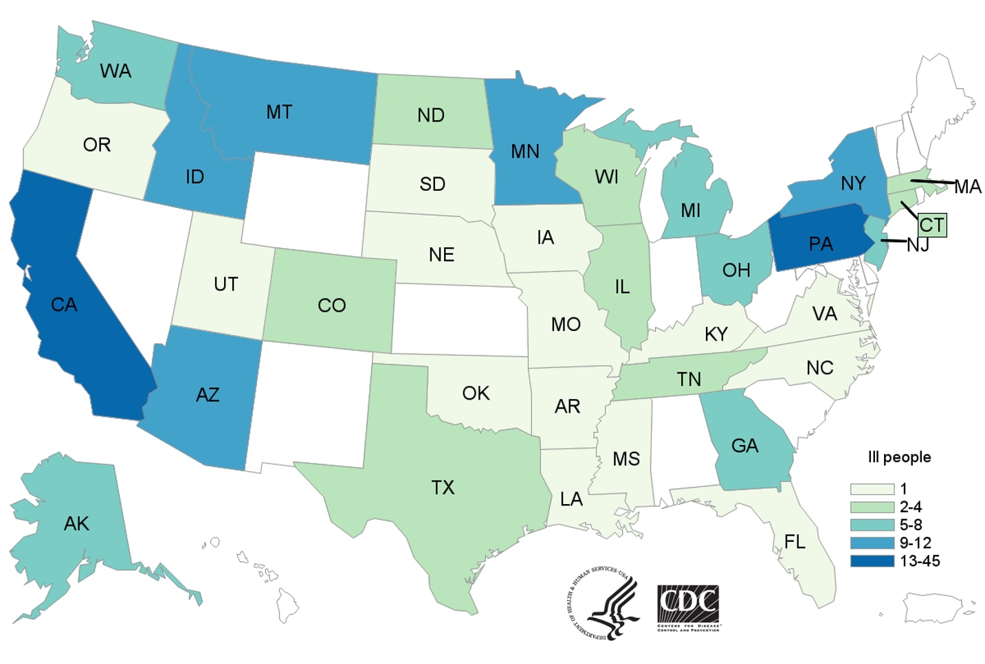 Map of United States - People infected with the outbreak strain of E. coli, by state of residence, as of May 31, 2018