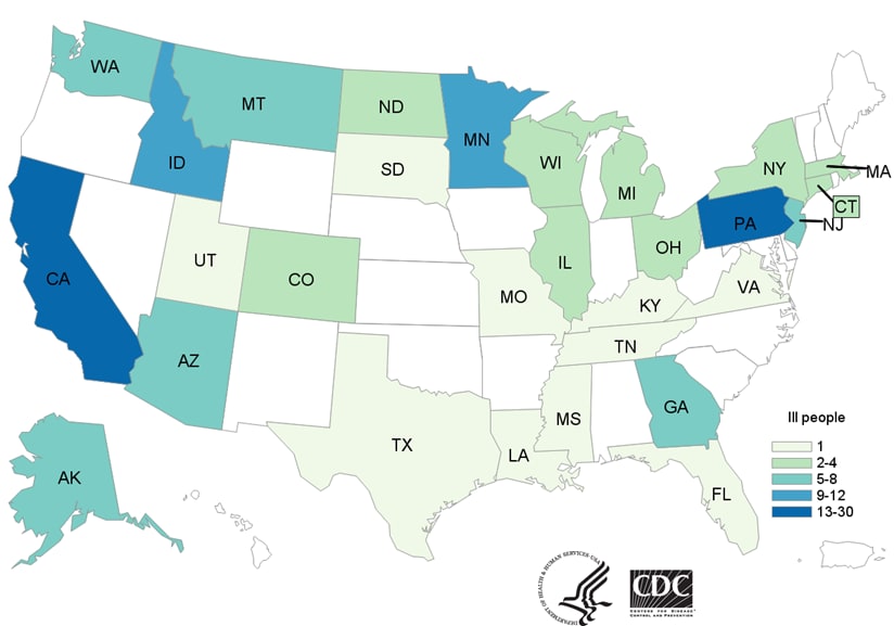 Map of United States - People infected with the outbreak strain of E. coli, by state of residence, as of May 8, 2018