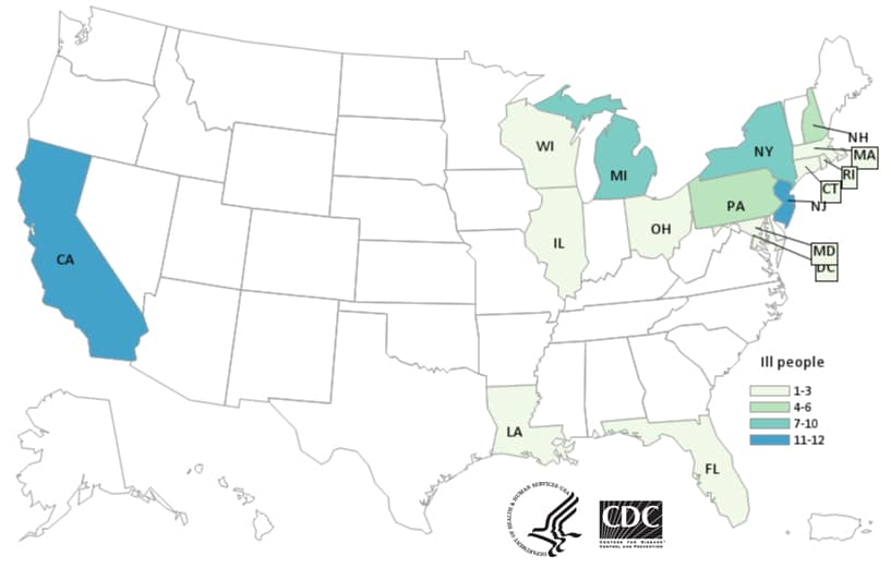 Map of United States - People infected with the outbreak strain of E. coli, by state of residence, as of December 13, 2018