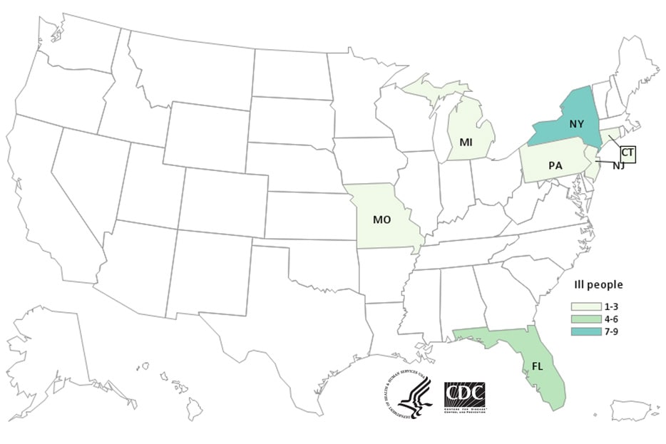Map of United States - People infected with the outbreak strain of E. coli, by state of residence, as of July 12, 2019