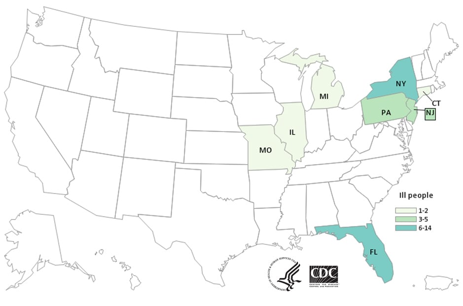 Map of United States - People infected with the outbreak strain of E. coli, by state of residence, as of September 6, 2019