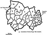 Thumbnail of Distribution map of tick-borne encephalitis (TBE) cases by district, Novosibirsk Region, Russia, summer 1999. Case-patients were defined as persons who died from May 1 to August 15, 1999, and who had serologically confirmed (immunoglobulin M–positive test) tick-borne encephalitis infection.