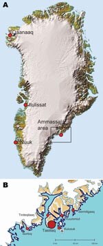 Thumbnail of A) Ammassalik area (box) in Greenland. B) Main towns in the Ammassalik area. Red circles show the main town of Tasiilaq and 5 settlements. Location of the airport is indicated. Reprinted with permission of the National Survey and Cadastre [Kort og Matrikelstyrelsen], Danish Ministry of the Environment, Copenhagen, Denmark.