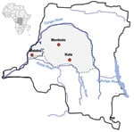 Thumbnail of Sites in the Democratic Republic of Congo where dried blood spots of nonhuman primates were collected (red circles).