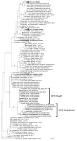 Thumbnail of Molecular phylogenetic tree and coding region variants for spike glycoprotein genes of Middle East respiratory syndrome coronavirus (MERS-CoV) isolates from South Korea, May 2015, and reference MERS-CoV sequences. Phylogenetic analysis of 139 spike glycoprotein gene sequences was performed by using RAxML software (10). Tree was visualized with FigTree v.1.4 (http://tree.bio.ed.ac.uk/software/figtree). Taxonomic positions of circulating strains from the outbreak in South Korea and Ri