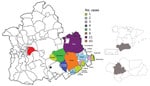 Thumbnail of Geographic distribution of tick-borne relapsing fever cases, Spain, 1994–2016. Red indicates city of Seville; star indicates Morón de la Frontera meteorological station. Inset maps show locations of southwestern Spain and Seville Province (gray shading).