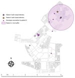 Thumbnail of Potential spatial relationships (residence within 1 km of another patient) between mixed infection and other genotype-clustered cases, Ghanzi, Botswana, 2012–2016. Shown are locations of patients with mixed Mycobacterium tuberculosis infection and other genotype-clustered cases. Each color represents each genotype cluster. The 1-km radius blue-shaded area from each mixed infection patient shows the neighborhood boundary. Two patients with mixed infection were genotype-clustered and 
