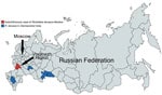 Regions in Russia where Rickettsia slovaca was detected only in ticks and the region where an autochthonous human case of R. slovaca infection was registered.