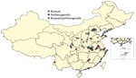 Geographic distribution of bisexual and parthenogenetic Asian longhorned ticks collected in China. Red dots indicate parthenogenetic ticks, gray dots indicate bisexual ticks, and blue dots indicate bisexual and parthenogenetic ticks.