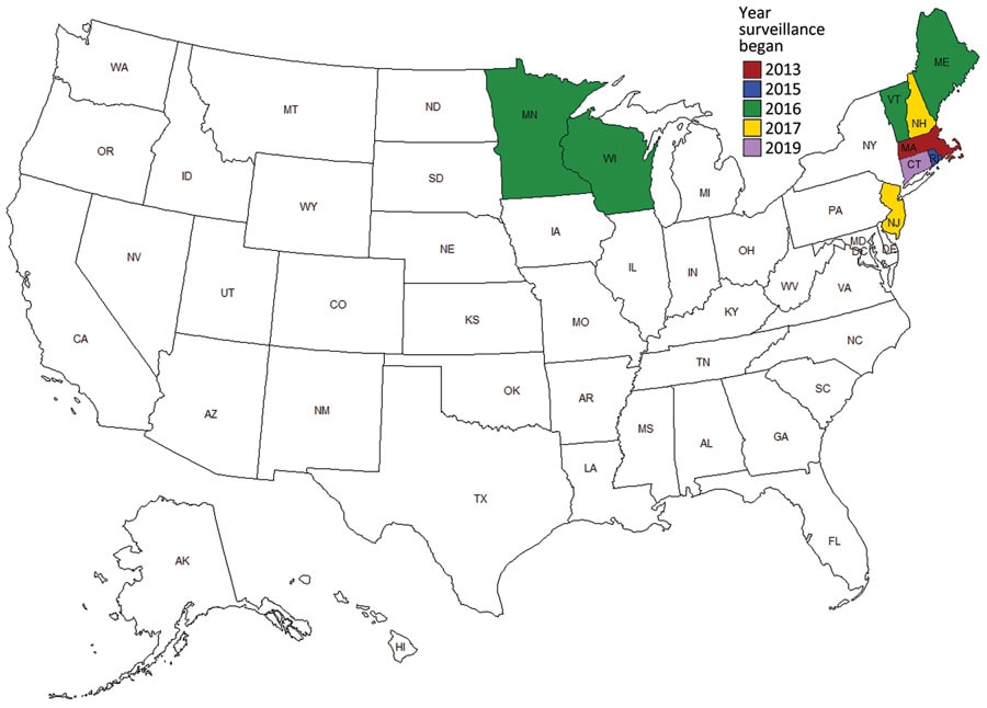 US states that conducted surveillance for hard tick relapsing fever caused by Borrelia miyamotoi during 2013–2019 and year in which surveillance began.