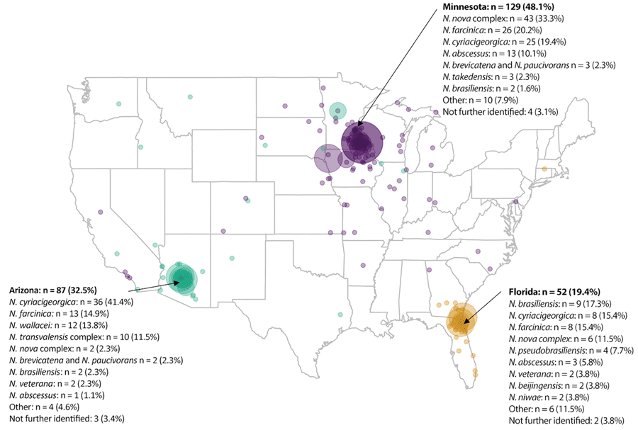 Geographic distribution of patients for study of invasive Nocardia infections across 3 distinct geographic regions, United States. Color codes and list of Nocardia spp. represent the geographic location of diagnosis and treatment. Each circle represents a patient in the study cohort’s postal (ZIP) code of residence at the time of data extraction (2022); larger circles represent ZIP codes with more patients. Percentages for states are for the full study cohort; percentages for individual species are for that state.