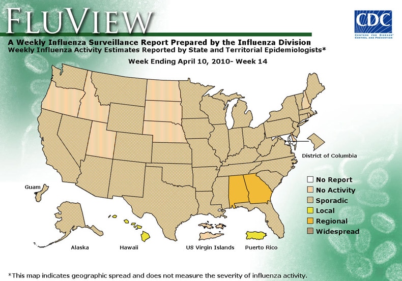 FluView, Week Ending April 10, 2010. Weekly Influenza Surveillance Report Prepared by the Influenza Division. Weekly Influenza Activity Estimate Reported by State and Territorial Epidemiologists. Select this link for more detailed data.