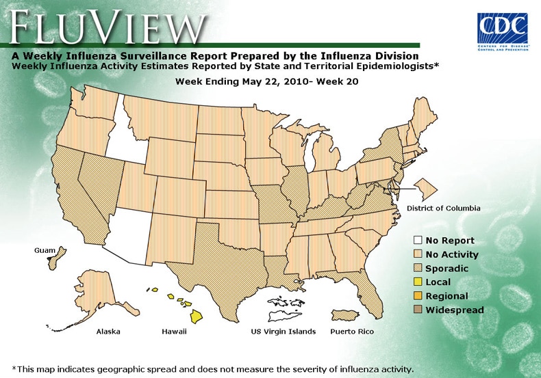 FluView, Week Ending May 22, 2010. Weekly Influenza Surveillance Report Prepared by the Influenza Division. Weekly Influenza Activity Estimate Reported by State and Territorial Epidemiologists. Select this link for more detailed data.