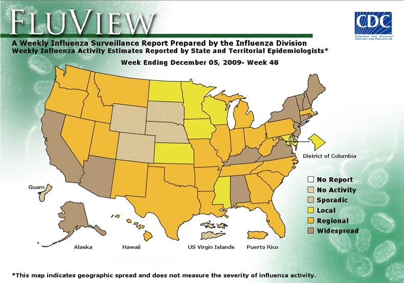 FluView, Week Ending December 5, 2009. Weekly Influenza Surveillance Report Prepared by the Influenza Division. Weekly Influenza Activity Estimate Reported by State and Territorial Epidemiologists. Select this link for more detailed data.