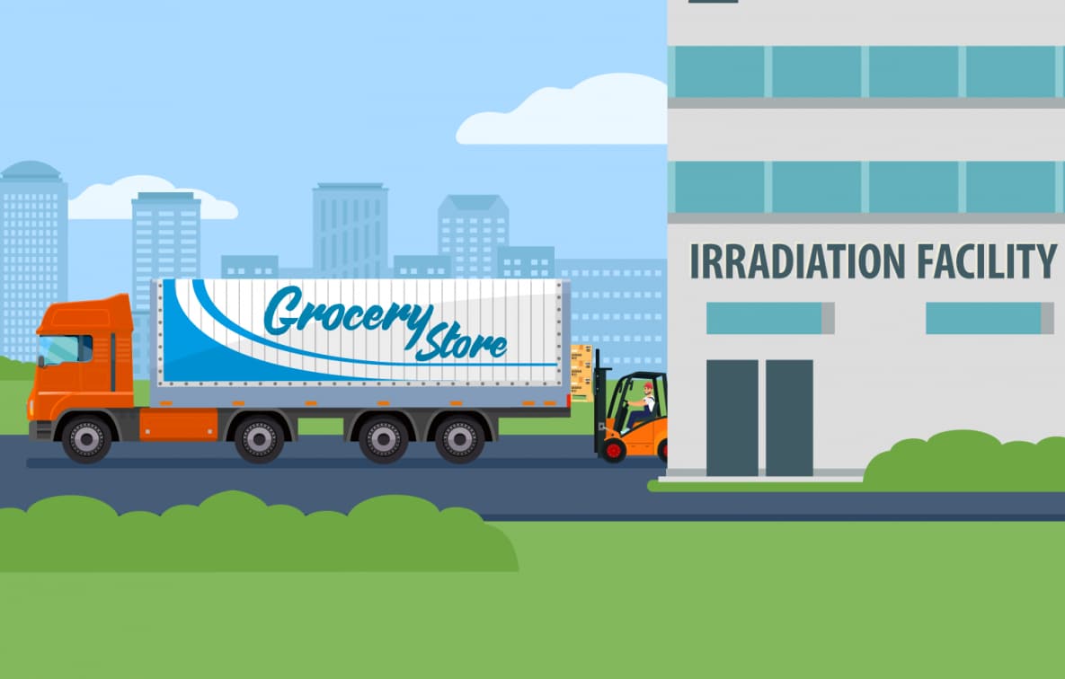 Truck takes irradiated food from irradiation facility to grocery stores and food service facilities