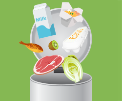 Graphic of food being thrown out into trash can