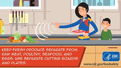 Separate: Keep fresh produce separate from raw meat, poultry, seafood, and eggs. Use separate cutting boards and plates. Download this social media image.