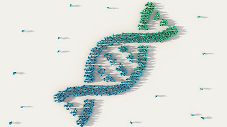 large group of people forming DNA, helix