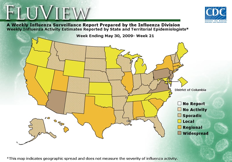 FluView, Week Ending May 30, 2009. Weekly Influenza Surveillance Report Prepared by the Influenza Division. Weekly Influenza Activity Estimate Reported by State and Territorial Epidemiologists. Select this link for more detailed data.