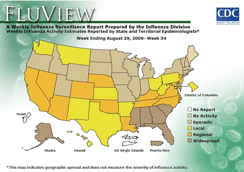 FluView, Week Ending August 29, 2009. Weekly Influenza Surveillance Report Prepared by the Influenza Division. Weekly Influenza Activity Estimate Reported by State and Territorial Epidemiologists. Select this link for more detailed data.