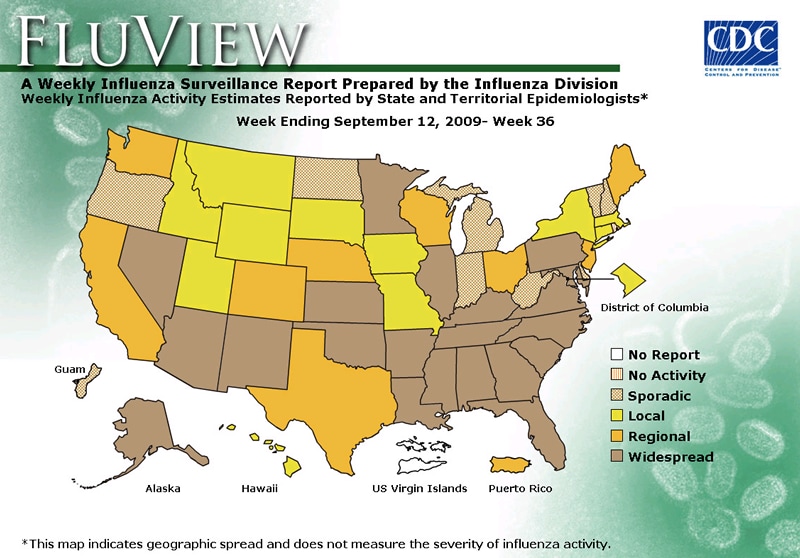 FluView, Week Ending September 12, 2009. Weekly Influenza Surveillance Report Prepared by the Influenza Division. Weekly Influenza Activity Estimate Reported by State and Territorial Epidemiologists. Select this link for more detailed data.