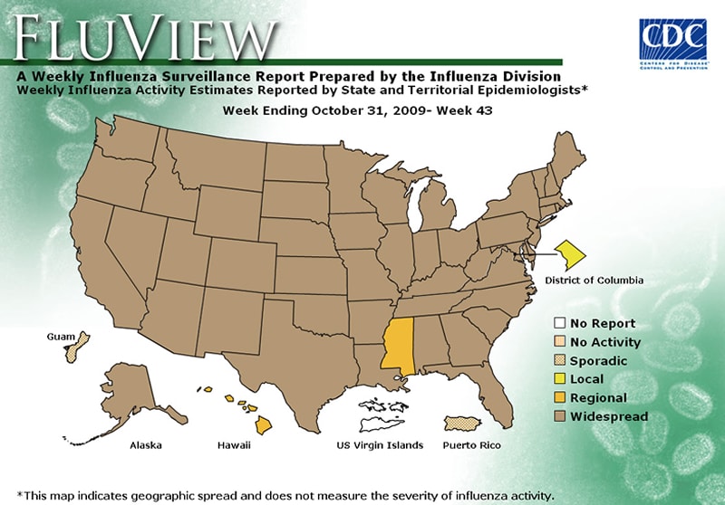 FluView, Week Ending October 31, 2009. Weekly Influenza Surveillance Report Prepared by the Influenza Division. Weekly Influenza Activity Estimate Reported by State and Territorial Epidemiologists. Select this link for more detailed data.