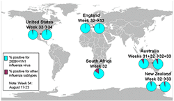 This is a map of the world that shows the co-circulation of 2009 H1N1 flu and seasonal influenza viruses. Seven countries are featured, including Canada, Brazil, Chile, England, South Africa, Australia (New South Wales) and New Zealand. For each of these countries, there is a pie chart that shows the percentage of laboratory confirmed influenza cases that have tested positive for either 2009 H1N1 Flu or other influenza subtypes. Other influenza subtypes are being reported more commonly in the countries within the Southern Hemisphere because the flu season has already started there. South Africa and New South Wales, Australia have an asterisk next to them because the seasonal influenza strains that are circulating in these countries are mostly H3 subtype influenza viruses.
