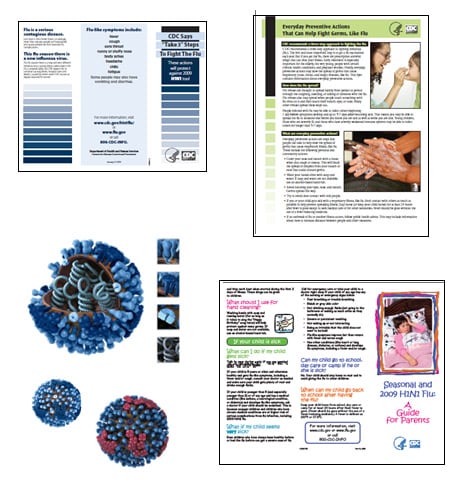 Screenshots of CDC flyer Everyday Preventive Actions That Can Help Fight Germs, Like Flu, CDC Says 'Take 3' Steps to Fight the Flu, Seasonal and 2009 H1N1 Flu: A Guide for Parents and photo of flu virus