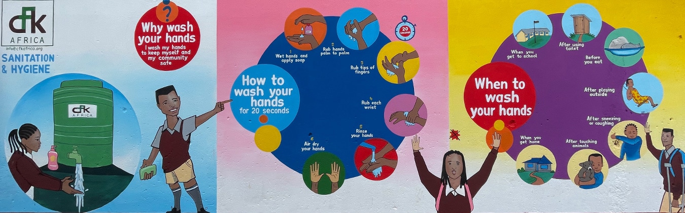Mural on school building illustrating handwashing steps and encouraging students to practice hand hygiene.