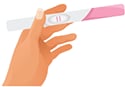 Icon of a hand holding a positive pregnancy test.