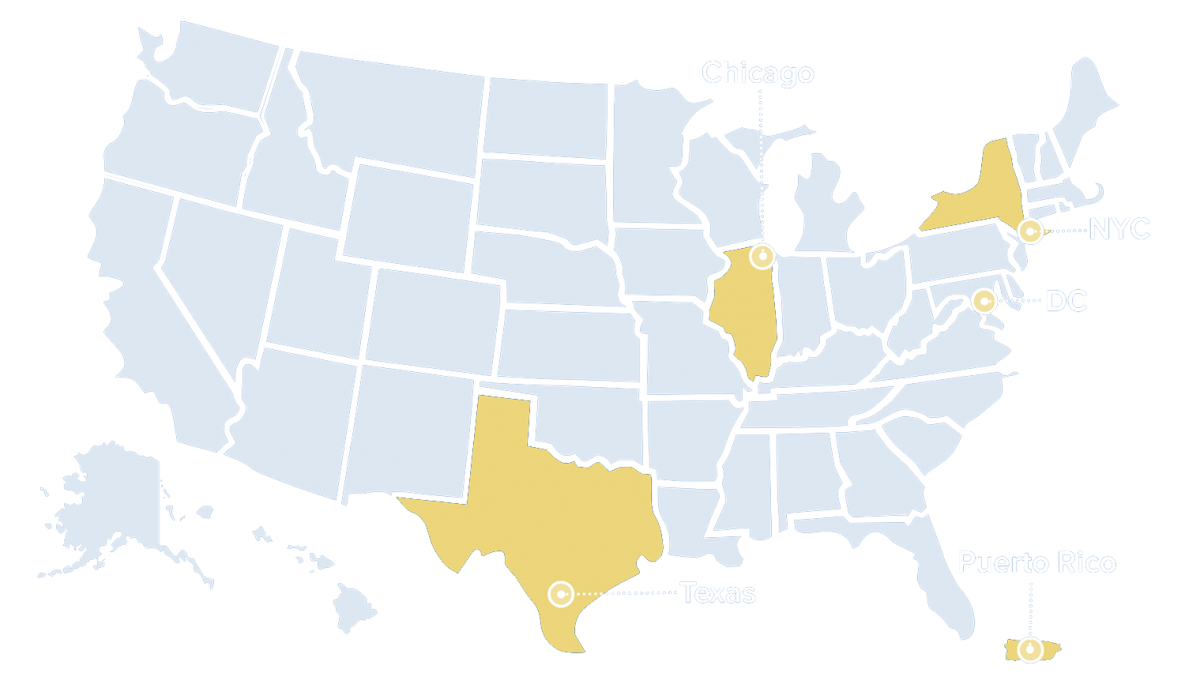 Map of the United States highlighting Chicago, New York City, Puerto Rico, Texas, and Washington D.C.