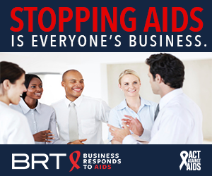 Stopping AIDS is everyone’s Business. Image of three women and two men standing and talking to each other in a corporate setting; Business Responds to AIDS logo; Act Against AIDS logo.