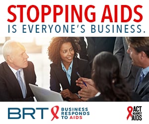 Stopping AIDS is everyone’s Business. Image of colleagues surrounding a laptop and discussing; Business Responds to AIDS logo; Act Against AIDS logo.