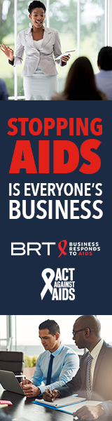 Stopping AIDS is everyone’s Business.  Image of a woman standing in a corporate setting with colleagues in the background; Business Responds to AIDS logo; Act Against AIDS logo; Image of two men sitting in a conference room looking at a laptop screen. 