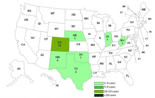 Date of 9-14-2011 chart and map showing persons infected with the outbreak strain of Listeria monocytogenes, by state