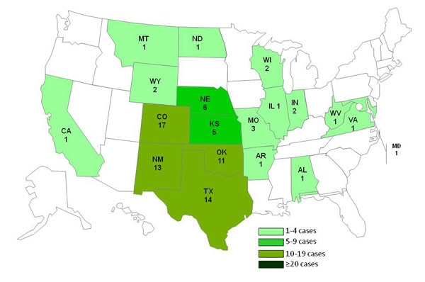 9-30-2011 chart and map showing persons infected with the outbreak strain of Listeria monocytogenes, by state