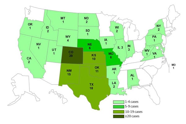 110211 map showing persons infected with the outbreak strain of Listeria monocytogenes, by state