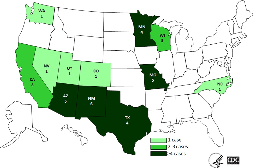 Map of persons infected with the outbreak strains of Listeria monocytogenes, by state of residence, as of December 29, 2014 (n=32)